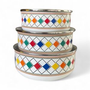 Vintage Colorful Geometric Patterned enamel mixing Bowls